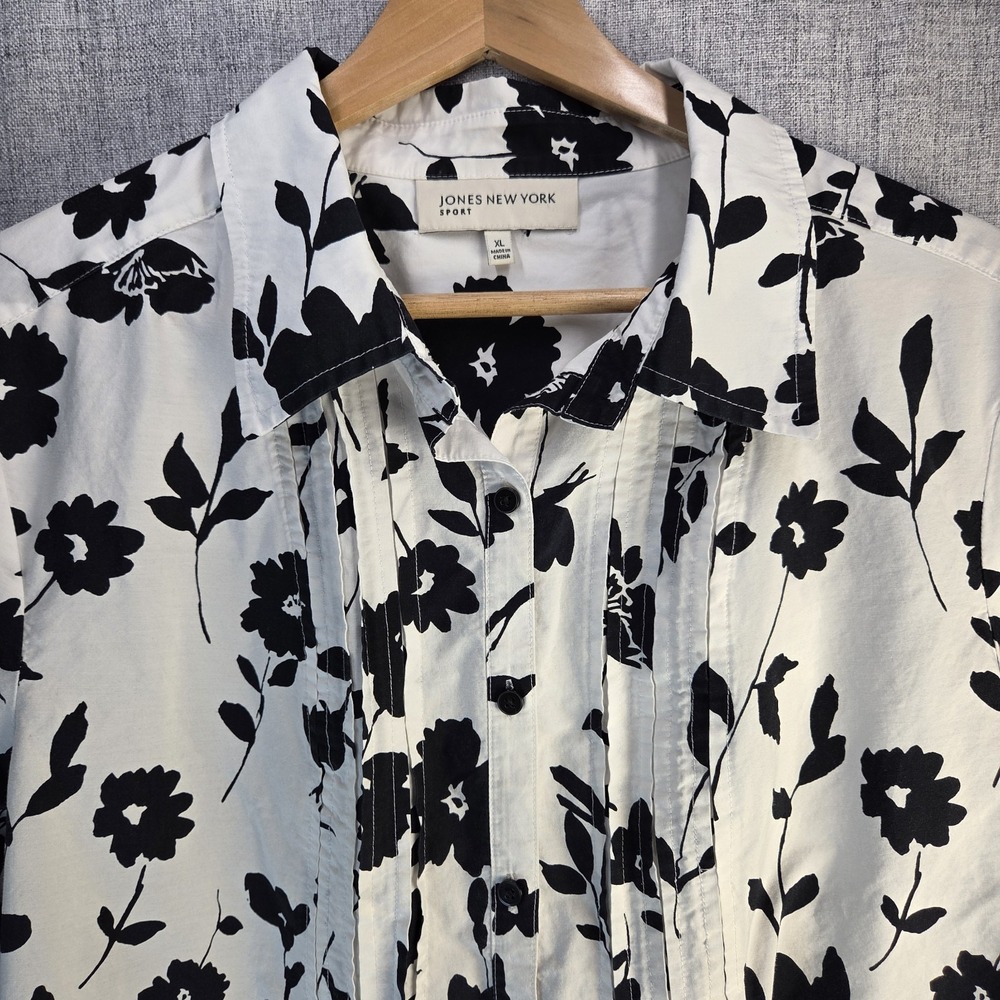 Jones NY‎ Sport Black White Floral Print Pleats LS Button Up Shirt XL Retro Mod